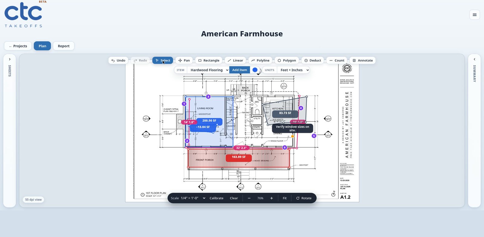 CTC Takeoffs plan view — a real first-floor plan, measured end to end